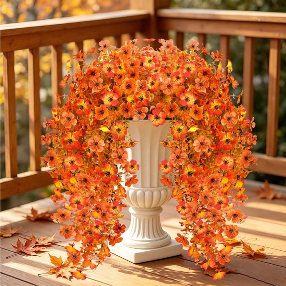 Lumikrypt 4 Pack Artificial Fall Flowers for Outdoor Planters, Faux Autumn Hanging Plants, UV Resistant & no Fade, Fake Mums for Porch Patio Outdoor Decor, Orange Sunset Red