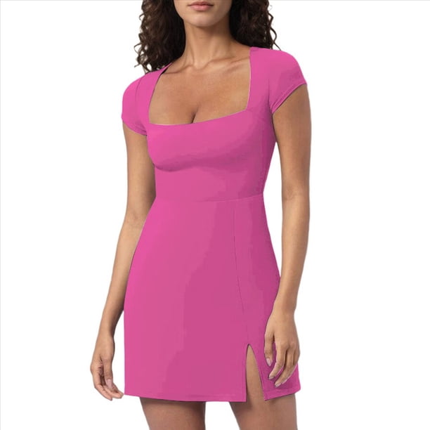 Vestido Deportivo de Golf para Mujer, Corta, Cuello Cuadrado, Abertura Lateral, Doble Forro, Rosa, Talla L