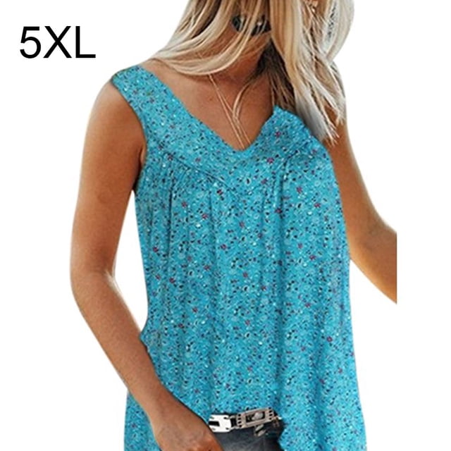 Camiseta sin mangas con estampado sin mangas sin mangas con cuello en V para mujer, chaleco de verano, azul, 5XL Yuarrent AP002122-08