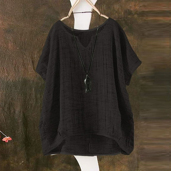 Linen Shirts Women, 2025 Trendy Cotton Summer Short Sleeve Solid Loose Top, Black S-5XL