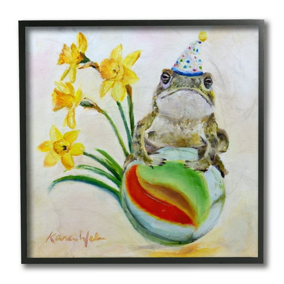 Stupell Industries Party Frog on Marble Yellow Daffodil Flowers Black Framed by Karen Weber Fine Art