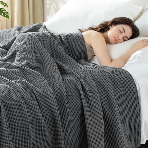 100% Cotton Muslin Gauze Waffle Blanket King Size, Lightweight, Soft and Breathable Knit Blanket for Bed, All Season, 90"x104", Dark Grey