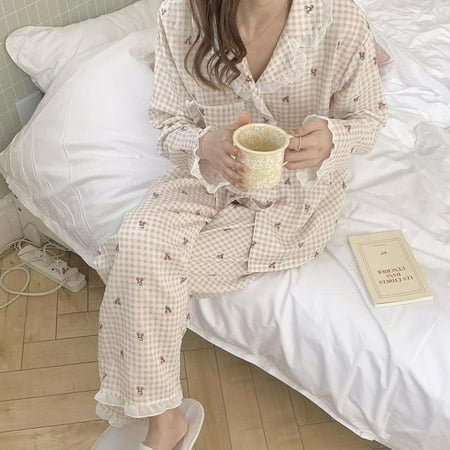 

CoCopeaunt Plaid Pajamas Women Kawaii Cherry Print Sleepwear Lace Pijama Female Set Korean Loungewear Long Sleeve Autumn Pyjamas Suit