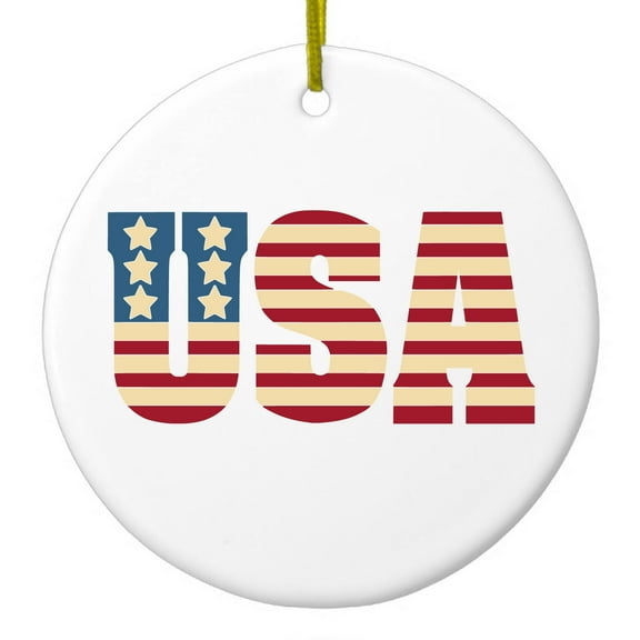 DistinctInk Hanging Ceramic Christmass Tree Ornament with Gold String - Great Gift / Present - 2 3/4 inch diameter - USA Letter Art Flag Red White & Blue