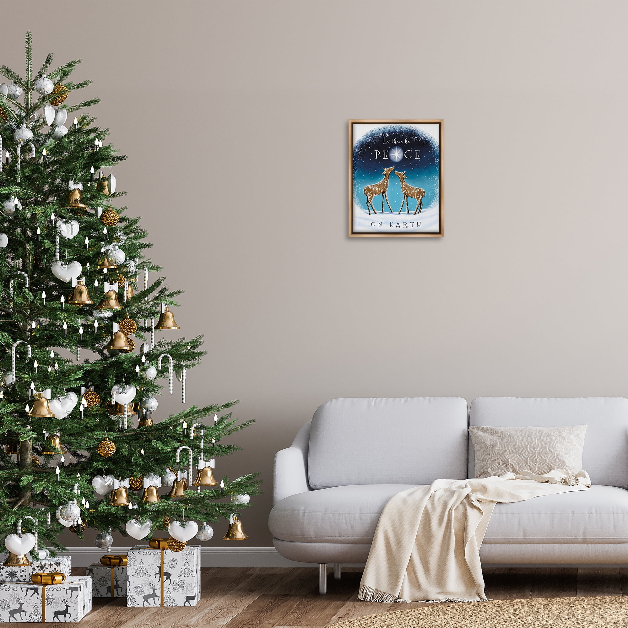 Stupell Industries Peace On Earth Reindeer Holiday Painting Brown Floater Framed Art Print Wall Art, 17 x 21