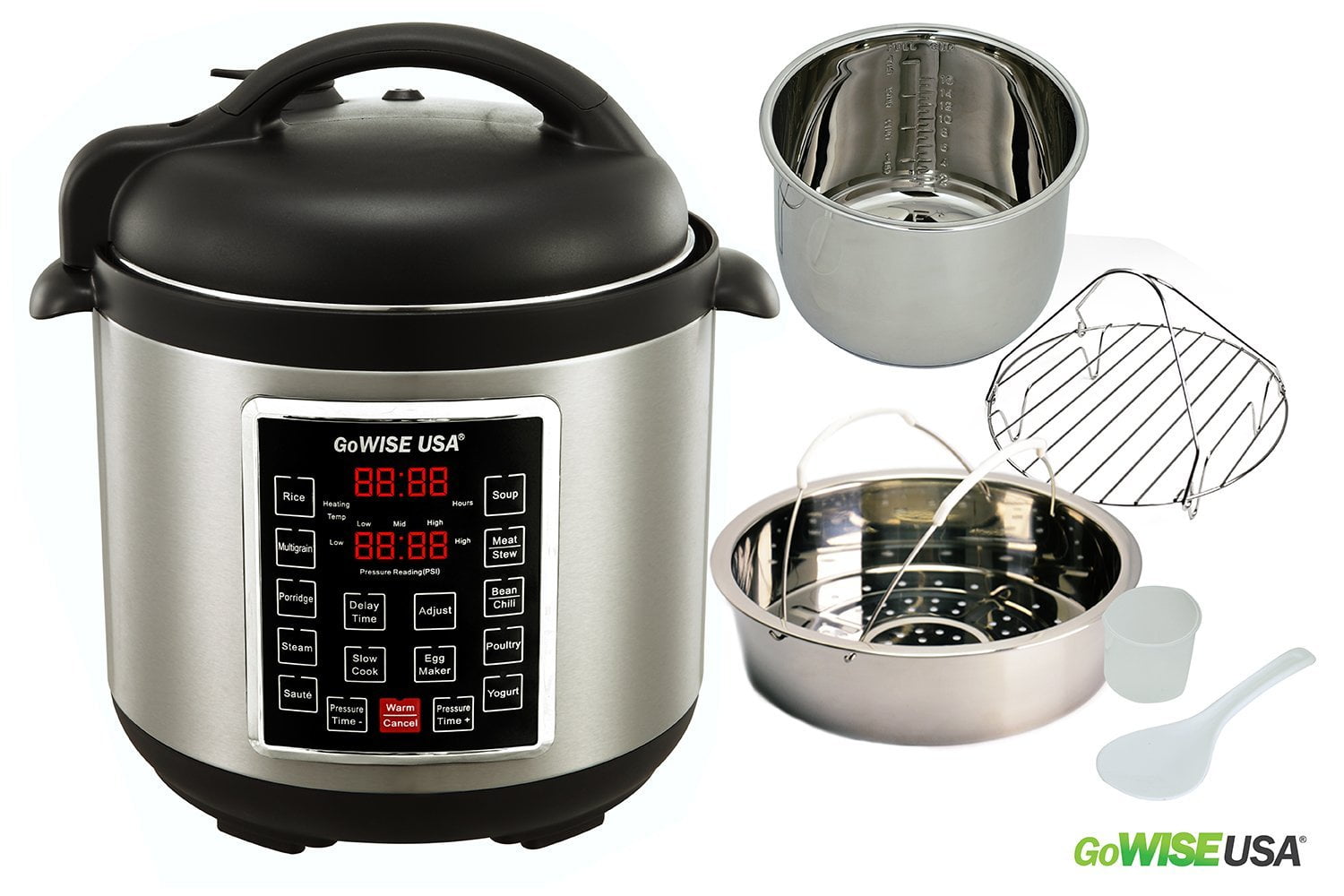 GoWISE USA GW22620 4th-Generation Electric Pressure Cooker with  steam rack 6 QT rice scooper steam basket and measuring cup