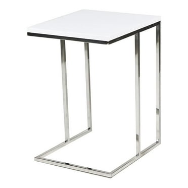 Pemberly Row Modern Gloss Lacquer & Polished Steel Metal Tray Table in White