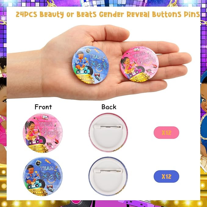 Serencatcher 24Pcs Beauty or Beats Gender Reveal Decorations, Team Boy or Girl Button Pins, Hip Hop Button Pins Include Pink Blue for 80s 90s Retro Disco Hip Hop Gender Reveal Baby Shower Games Favor