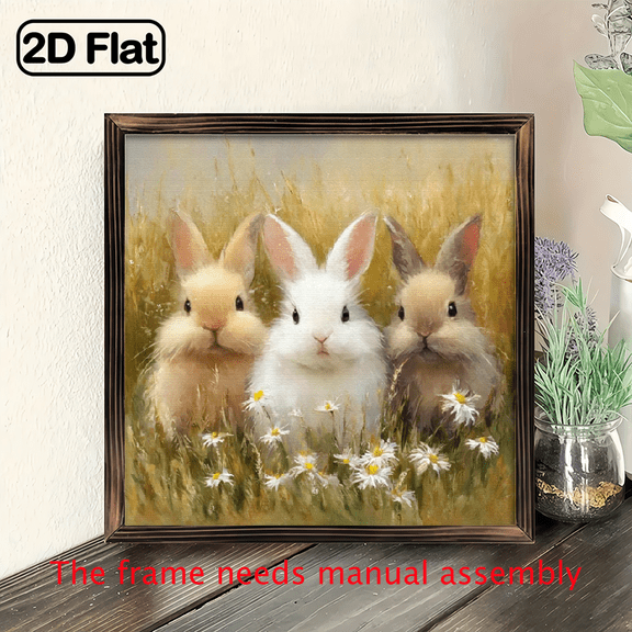 Charming Rabbit Trio in Floral Wall Art 8x8 Inch Rustic Hand-Painted Wooden Framed Wood, Beige and Brown Bunny Painting, Perfect for Home Office Decor, Easter Spring Housewarming Gift, Easy to Hang