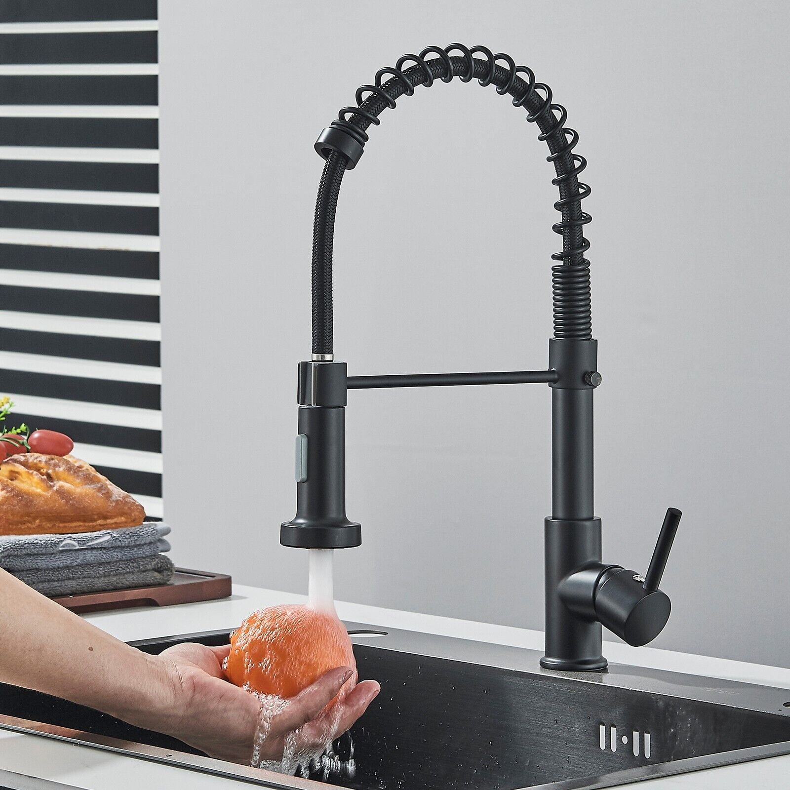 HFLRZZ Matte Black Kitchen Faucet, Brushed Nickel Kitchen Faucet With Pull Down Sprayer,  Single Handle Stainless Steel Spring Single Hole Pull Out Kitchen Sink Faucet