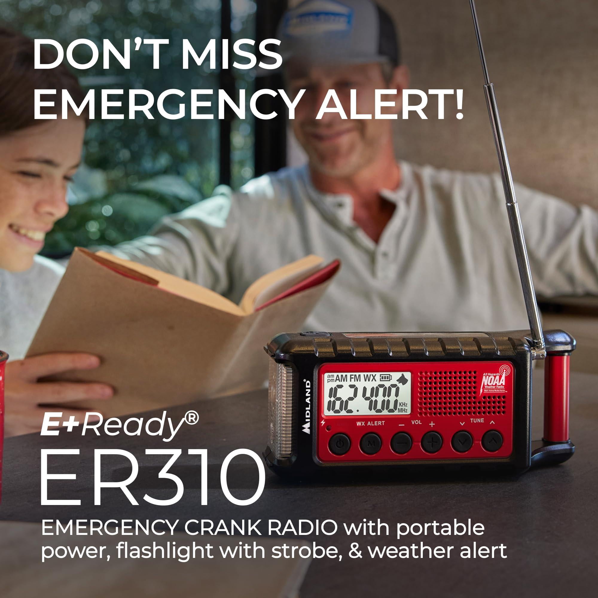 - Er310  Emergency Crank Weather Am/fm Radio Multiple Power Sources Sos Flashlight Ultrasonic Dog Whistle & Noaa Scan + Alert (red/black)
