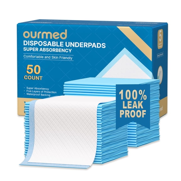 Ourmed Disposable Underpads, 30 x 36in Large Size, 50 Count, Extra Absorbent Bed Pads for Incontinence, Pet Training