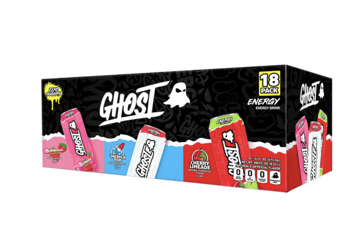 Ghost Energy Zero Sugar Variety Pack, Bubblicious Strawberry, Merica Pop, Cherry Limeade, 16 fl oz, 18 Pack
