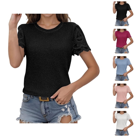 Womens T Shirts Summer Tops 2025 Solid Color Short Sleeve Crewneck Eyelet Breathable Tees Tshirts Shirts for Women