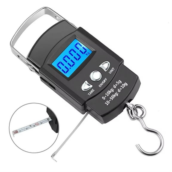FLYSAND 110lb/50kg Electronic Scale Backlit LCD Display  with Measuring Tape Balance Digital Fishing Hanging Hook Scale Tool