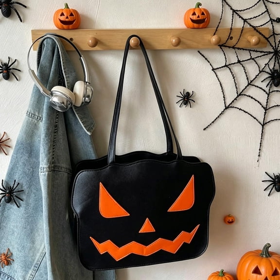 Fmbmuo Halloween Tote Bags for Women, Pumpkin Print Ladies Handbags, Novelty Spooky Cute Shoulder Handbag Gift
