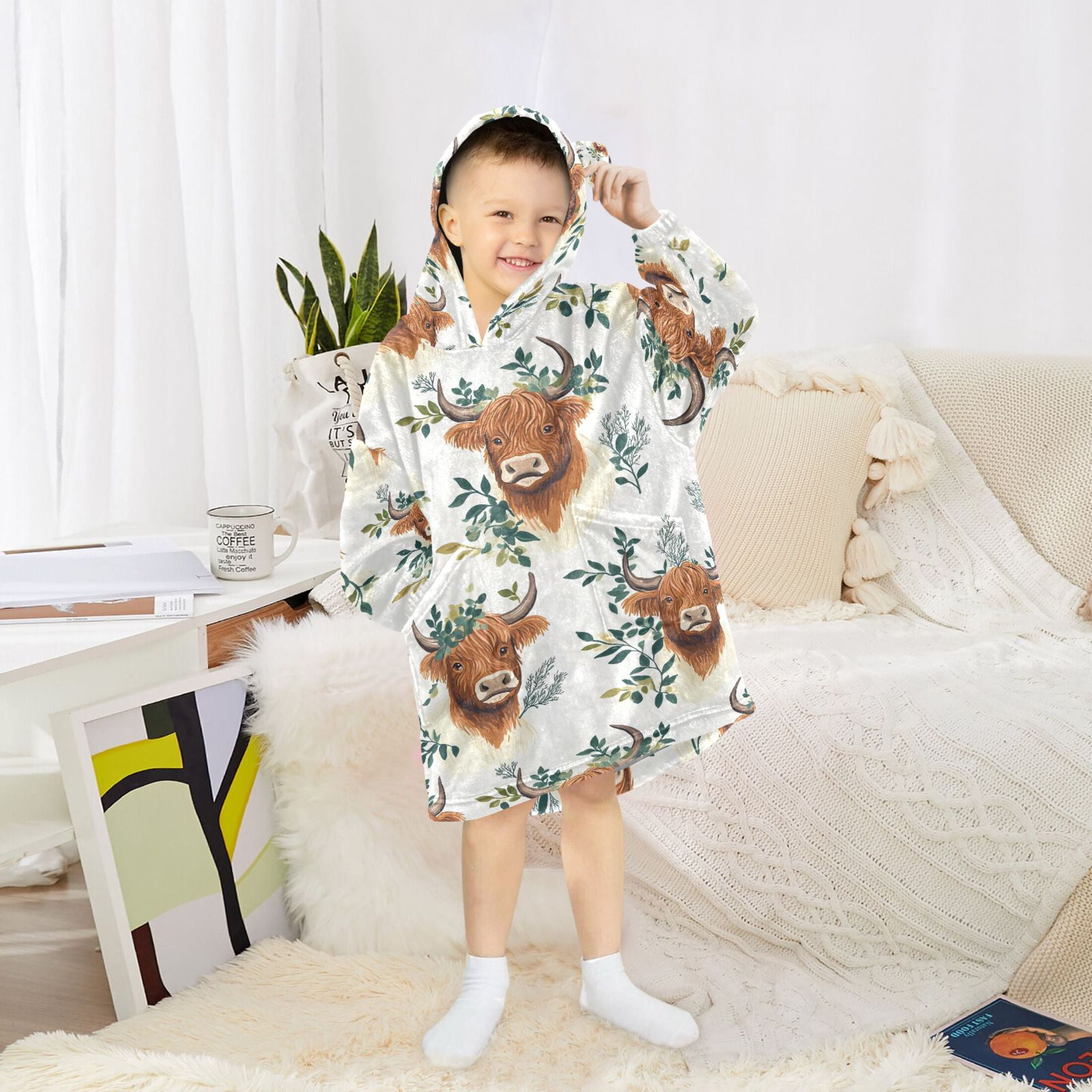 joogoo Wearable Blanket Hoodie for Highland Cattle Leaves-h1 Oversized Sherpa Hooded 3-14 YR M