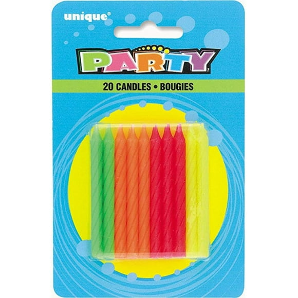 (Bougies en Spirale Néon) - 20 Bougies de Gâteau d'Anniversaire pour Fête Assorties de Couleurs Néon Vert Lime, Orange Agrumes, Rose Vif et Jaune