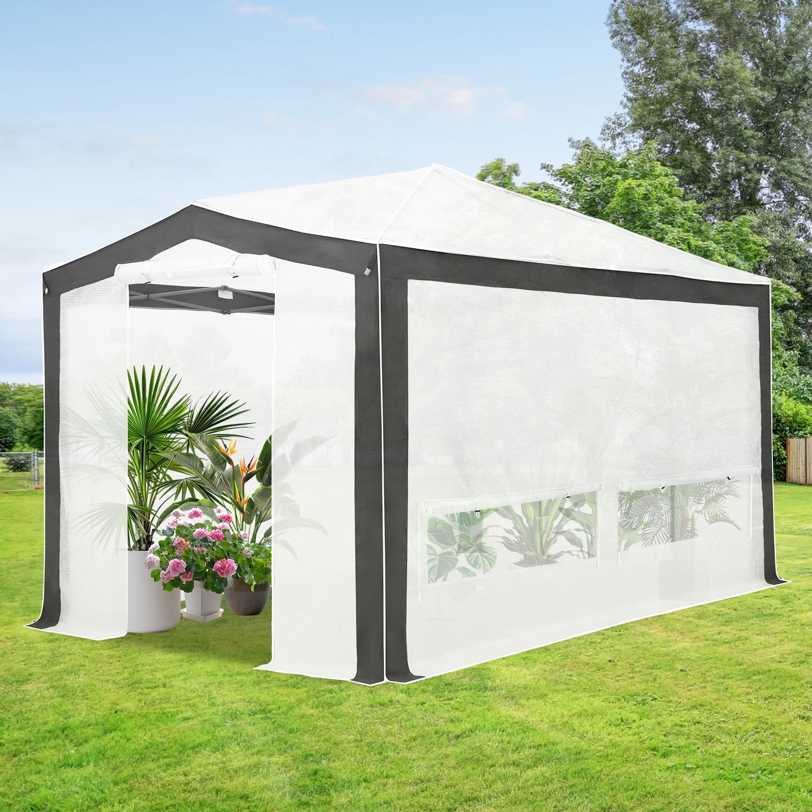 EAGLE PEAK 8x12 Portable Walk in Greenhouse , Heavy Duty Pop Up Green House, Front Roll Up Zipper Entry Door and Mesh Windows, Gray/White