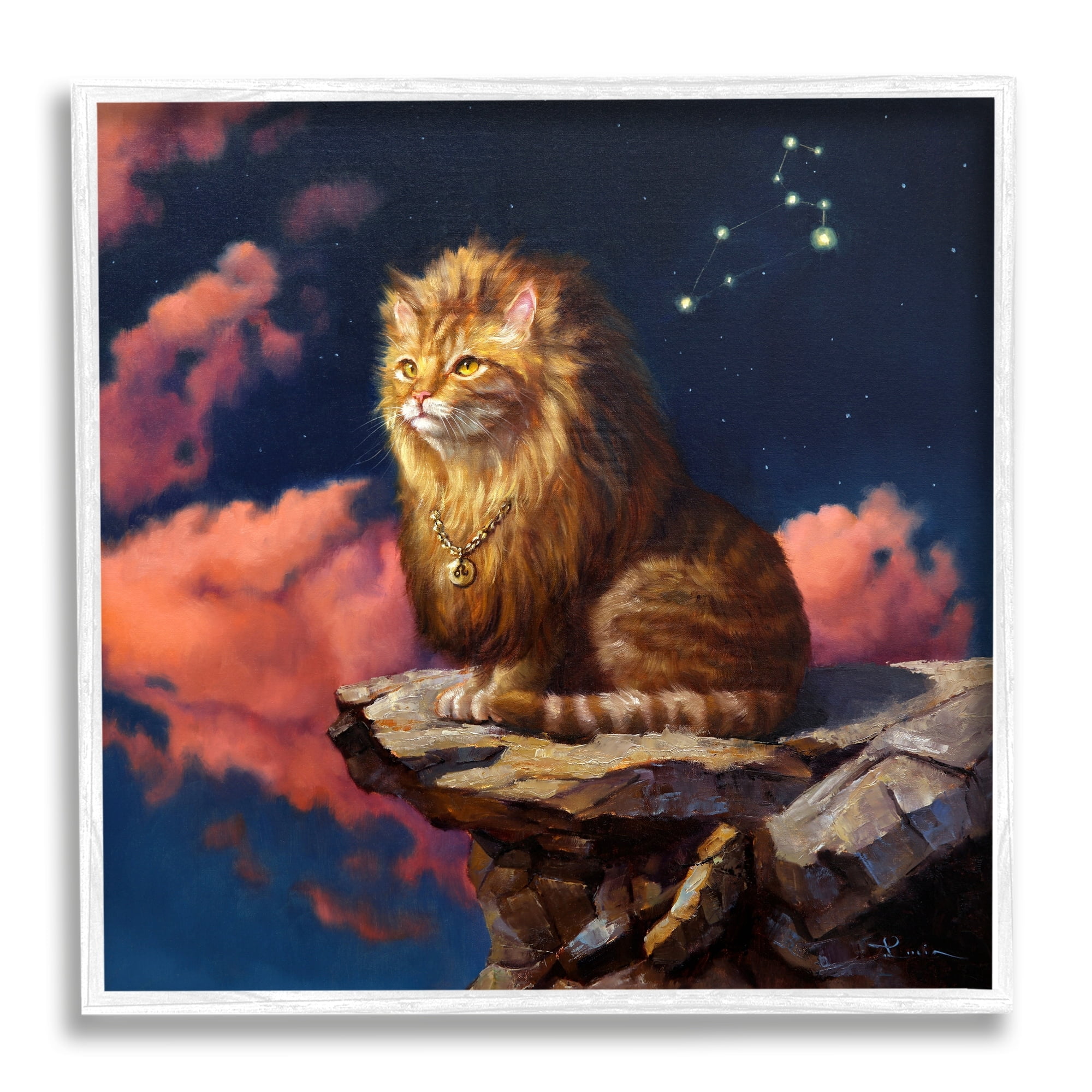 Stupell Industries Lion Cat Night Sky Constellation Leo Astrology Symbol Painting White Framed Art Print Wall Art, Design by Lucia Heffernan