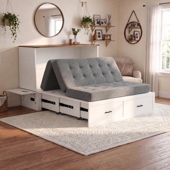 Queen Murphy Bed Cabinet with Storage Drawer, Charging Station & Fold-Out Platform Bed with Mattress Included