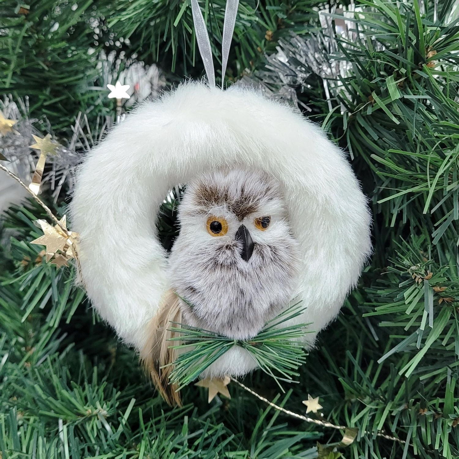 Holiday Time Soft Flurry Owl Wreath - White & Brown