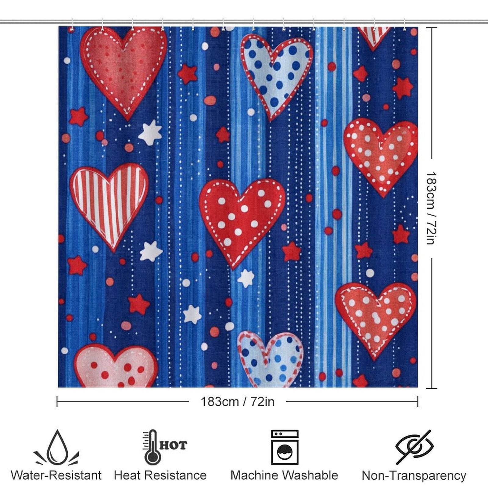 USA Hearts & Stars 4 Pcs Shower Curtain Set Shower Curtain And Rugs Shower Curtain Set Independence Labor Day Waterproof Fabric Bath Curtain for Bathroom Decor Set