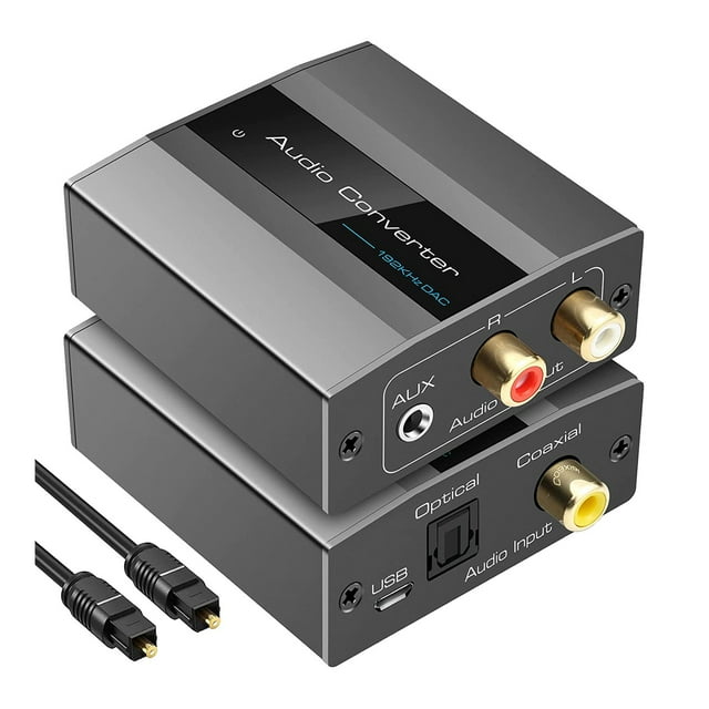 Optical to RCA Converter Audio Converter Digital to Analog Audio Coaxial to RCA Adapter 3.5mm AUX with Optical Cable. Compact silver-grey aluminum alloy device with coaxial and optical input ports, RCA and 3.5mm AUX output ports, and a USB power input. Includes an optical cable for easy setup. Designed for converting digital audio signals to analog with support for 32-96KHz sampling rates and 24-bit S/PDIF input. Features a soft LED indicator and durable metal housing for heat dissipation and electromagnetic compatibility.