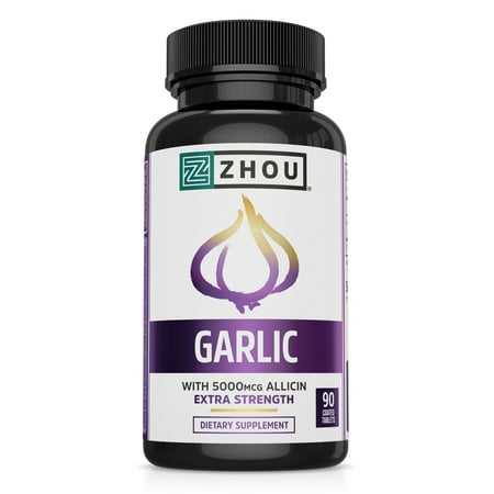 Zhou Nutrition Extra Strength Garlic with Allicin, Heart and Immunity Support Tablets, 90 Count