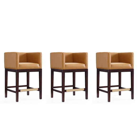 Manhattan Comfort Kingsley 34 in. Camel and Dark Walnut Beech Wood Counter Height Bar Stool (Set of 3)