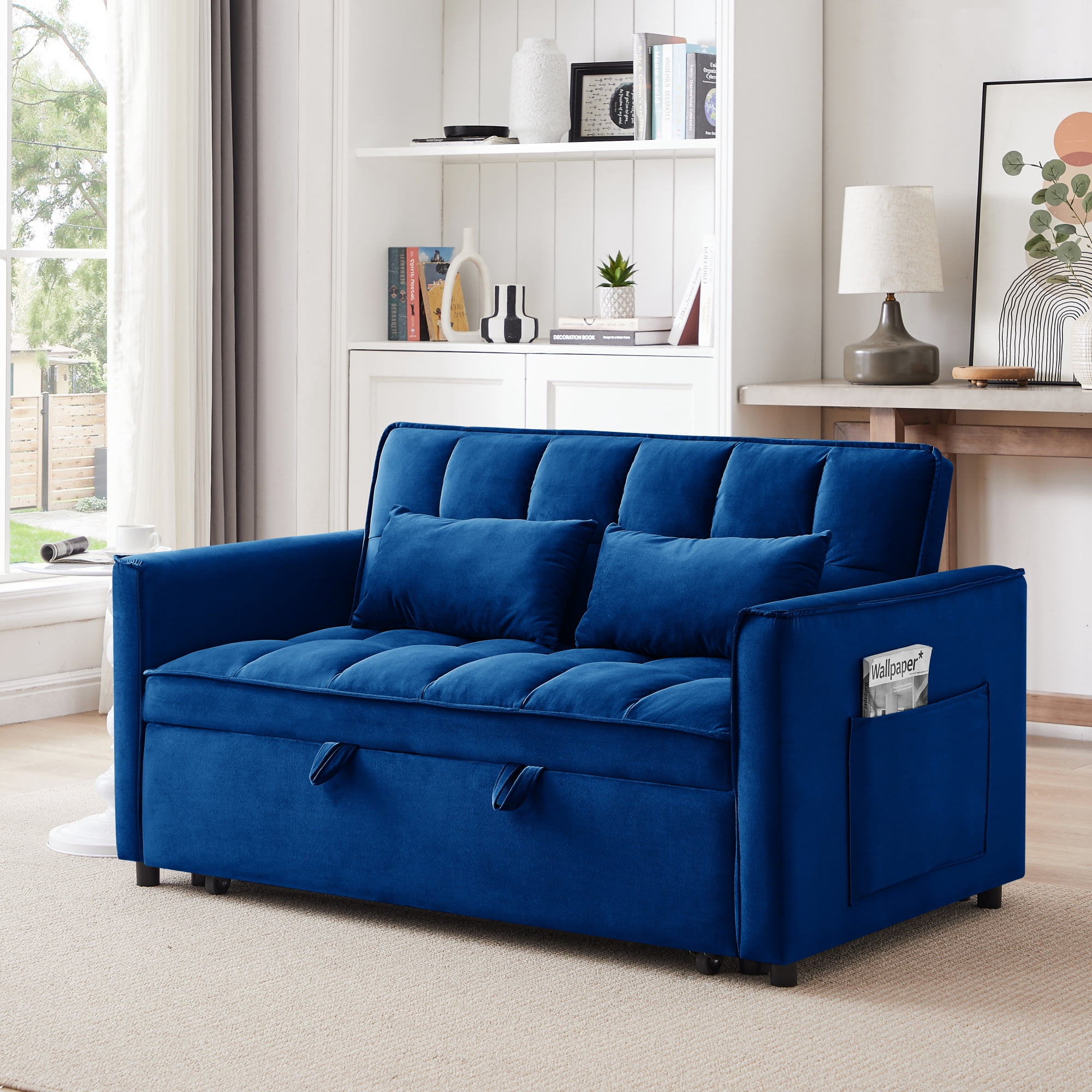 3 in 1 Sleeper ,55" Modern Velvet Convertible Pull Out Bed, Loveseat with 2 Toss Pillows and Adjustable Backrest for ,Blue