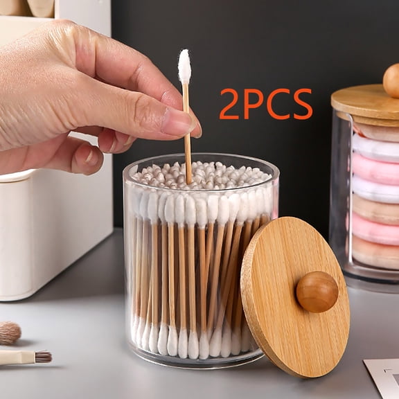 2Pcs Qtip Holder Dispenser with Bamboo Lids - 10 oz Clear Plastic Apothecary Jar Containers for Vanity Makeup Organizer Storage - Bathroom Organizers and Storage for Cotton Swab, Ball, Pads, Floss