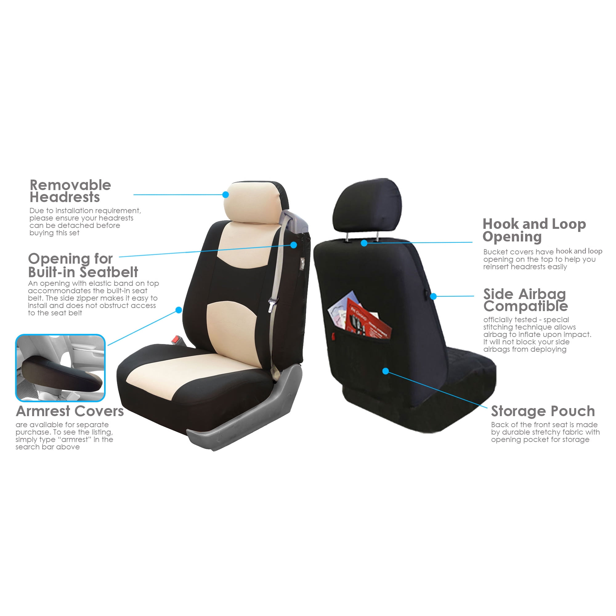 FH Group Universal Fit Cloth Car Seat Covers, Built-in Seat Belt Front Set - Beige FB351102BEIGE
