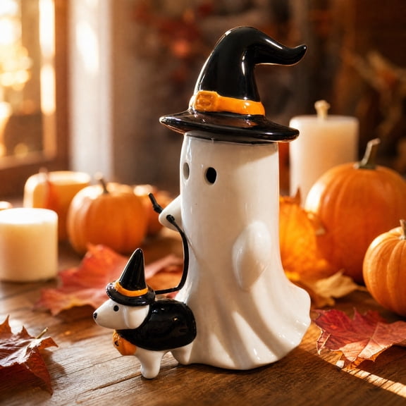 Halloween Ceramic Ghost Walking Puppy Statue with Witch Hat, Glossy Resin Tabletop Halloween Decoration