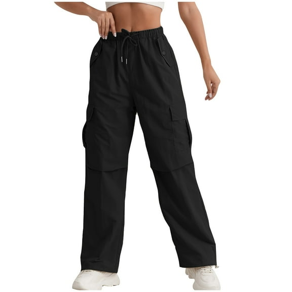 Womens Cargo Pants Parachute Hiking Pants with Pockets Baggy Quick Dry Lightweight Y2K Drawstring Pants Streetwear Black M