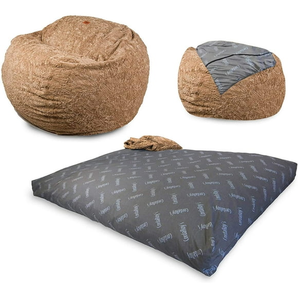 CordaRoy's Fauteuil Poire en Fausse Fourrure, Fauteuil Convertible Se Plie du Pouf au Lit, Vu sur Shark Tank, Beige - Format Double