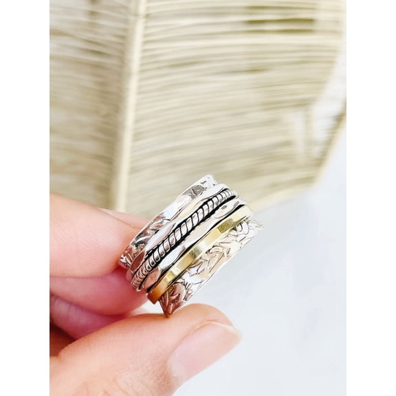 ZELVINA Sterling Silver Spinner Ring - Handmade 925 Two-Tone Hammered Band Gold Statement Jewelry Gift for Her Size 8 Ring Size - 9