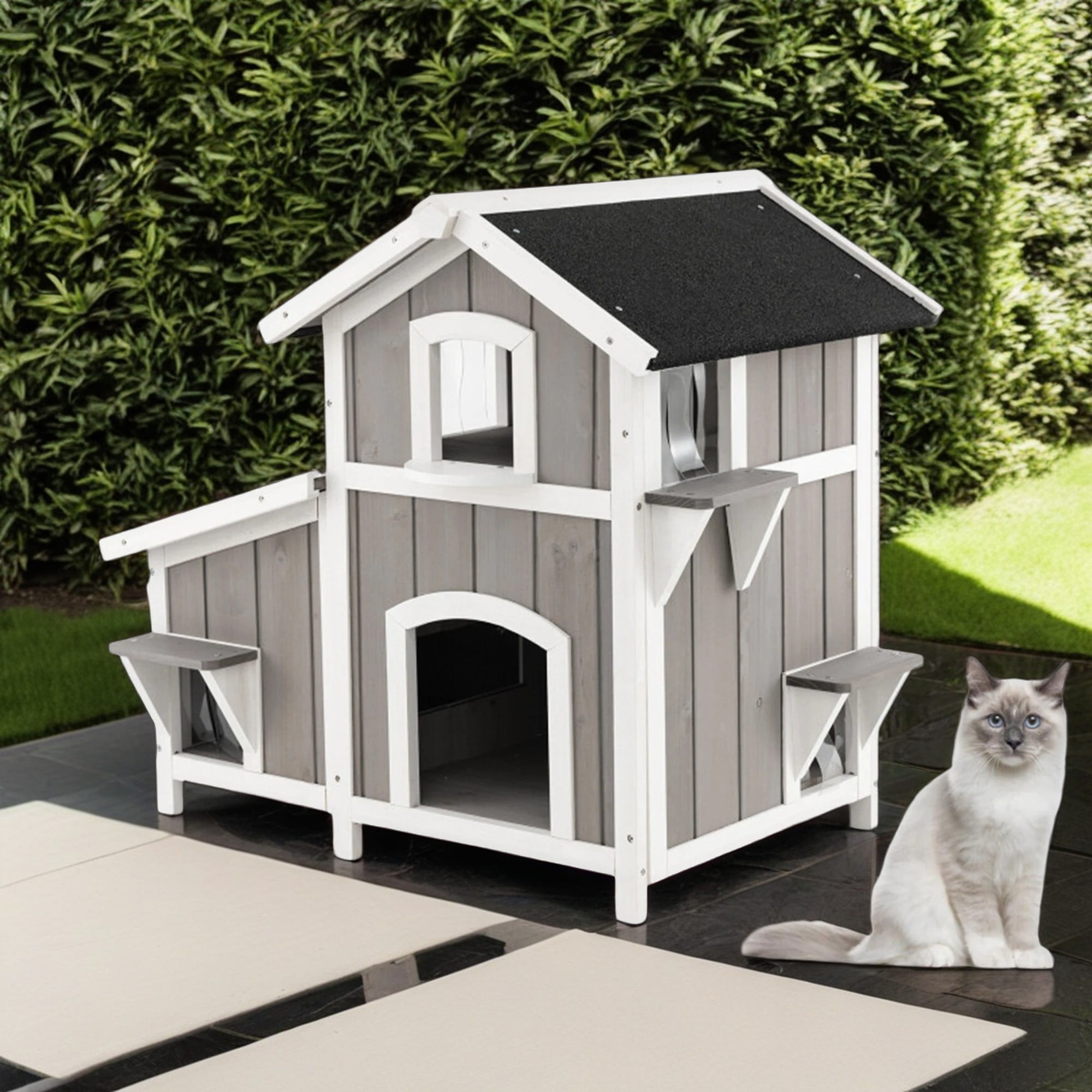 Pefilos 39" Outdoor Feral Cat House Indoor Kitty Shelter with Escape Door for Cats Insulated, Weatherproof Roof Cat Condo, Gray Pefilos 39" Outdoor Feral Cat House Indoor Kitty Shelter with Escape Door for Cats Insulated, Weatherproof Roof Cat Condo, Gray