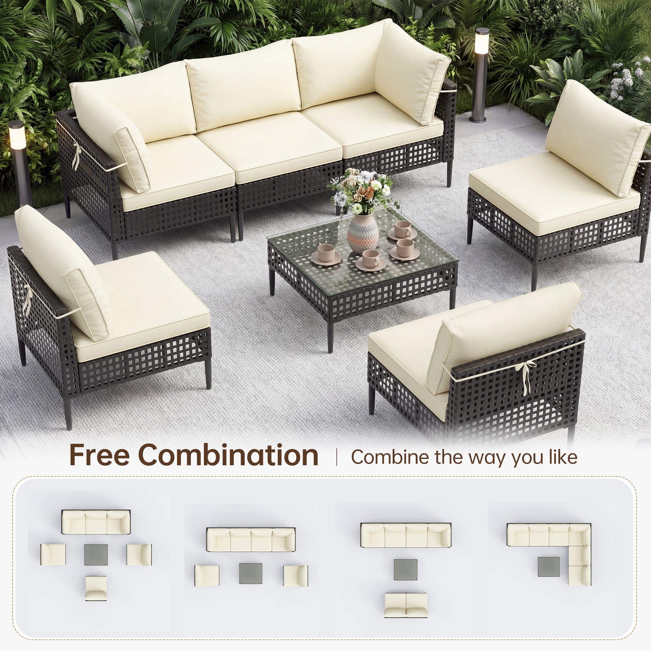 UDPATIO 7 Piece Wicker Patio Furniture Set, Outdoor Conversation Set， Sectional Sofa with Glass Coffee Table， Outdoor Sofa for Porch, Backyard, Black&Beige