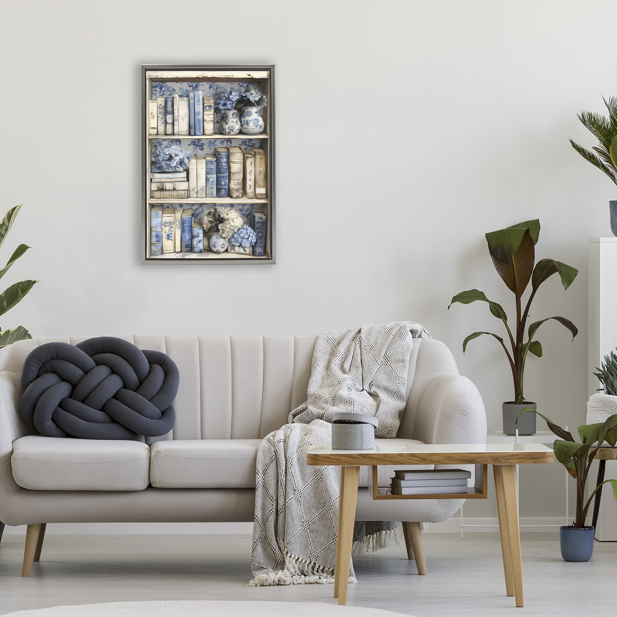 Stupell Industries Blue & Beige Bookcase Gray Framed Floater Canvas Wall Art, design by LSR Design Studio