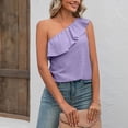 thumbnail image 3 of Women One Shoulder Top Summer Eyelet Ruffle Trim Sleeveless Pure Color Top for Female Purple M, 3 of 8