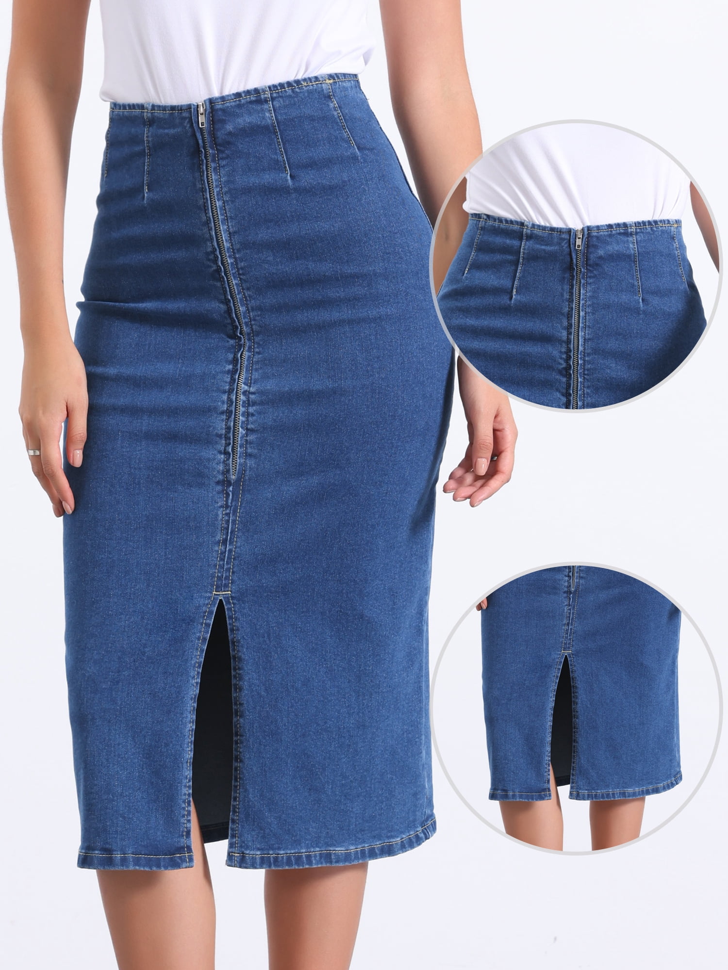 DARING DIVA Women's Denim Front Slit Zipper Bodycon Midi Jean Skirt XL Jean Blue