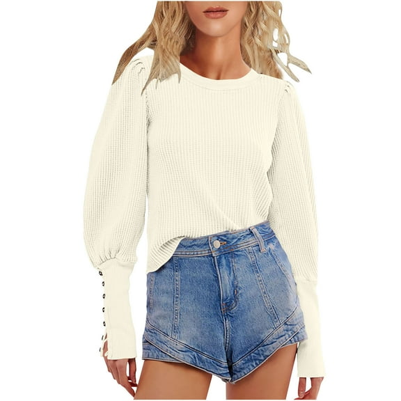 Women's Puff Long Sleeve Sweater Tops Crew Neck Pullover Waffle Knit Sweatshirt Casual Loose Solid Color Shirt (Beige M)