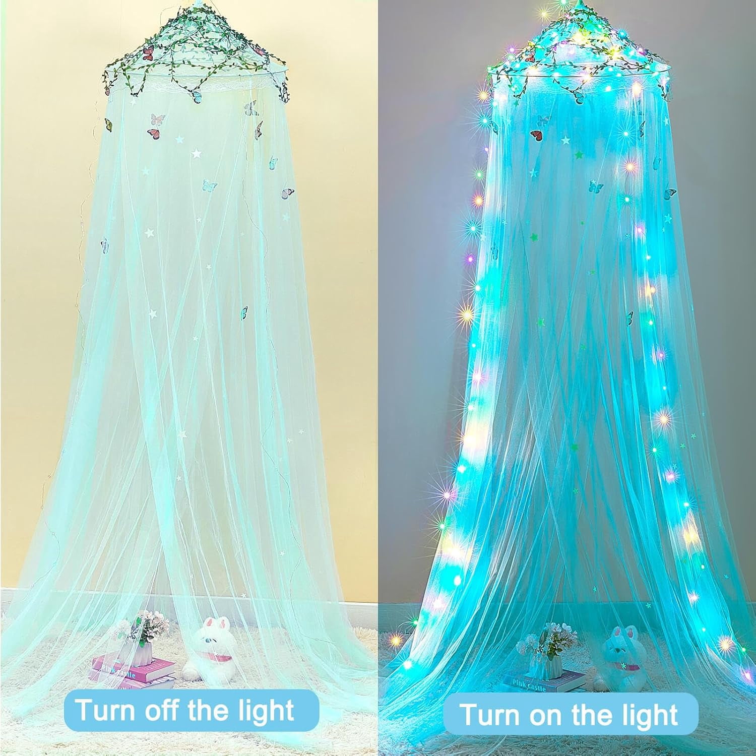CAILDANL Bed Canopy for Girls Room Bed Canopy Curtains with Led Lights Mosquito Net DIY Princess Room Décor with Stars Butterflies for Kids Bedroom, Hot Pink