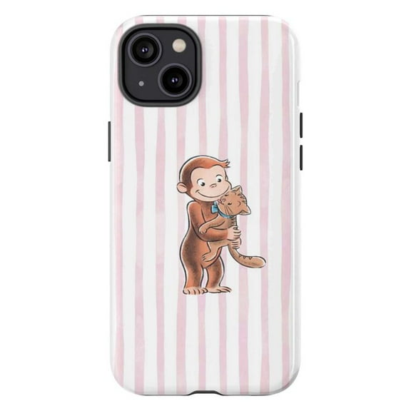 Adorable Curious Monkey Phone Case, Monkey Hugging Cat Pink Stripe Design for iPhone 17 16 15 14 13 12 11 Pro Max Mini