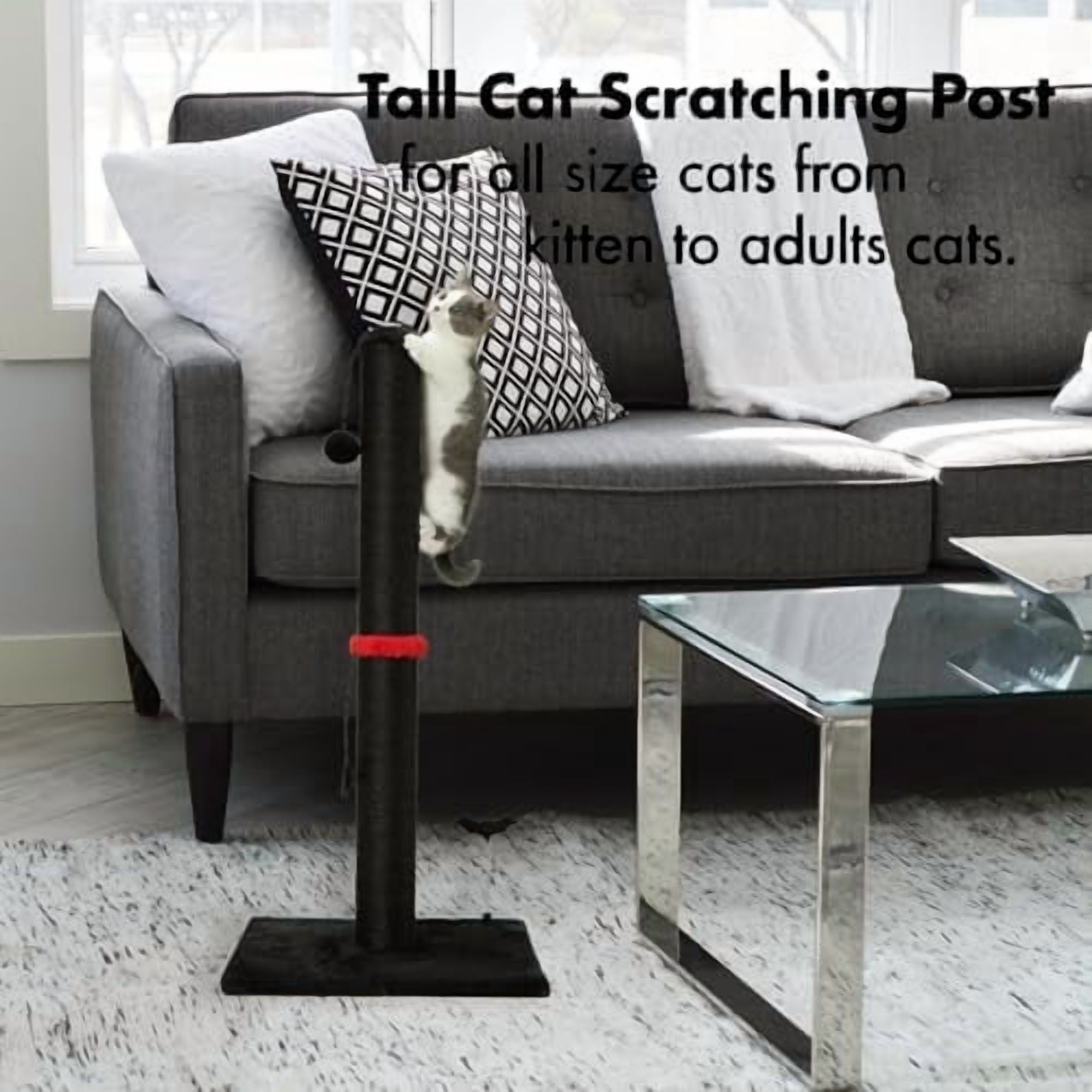 Cat Scratching Post Premium Sisal Scratch Posts with Hanging Ball Vertical Scratcher for Indoor Cats and Kittens,Black Black,34 inches for Adult Cats