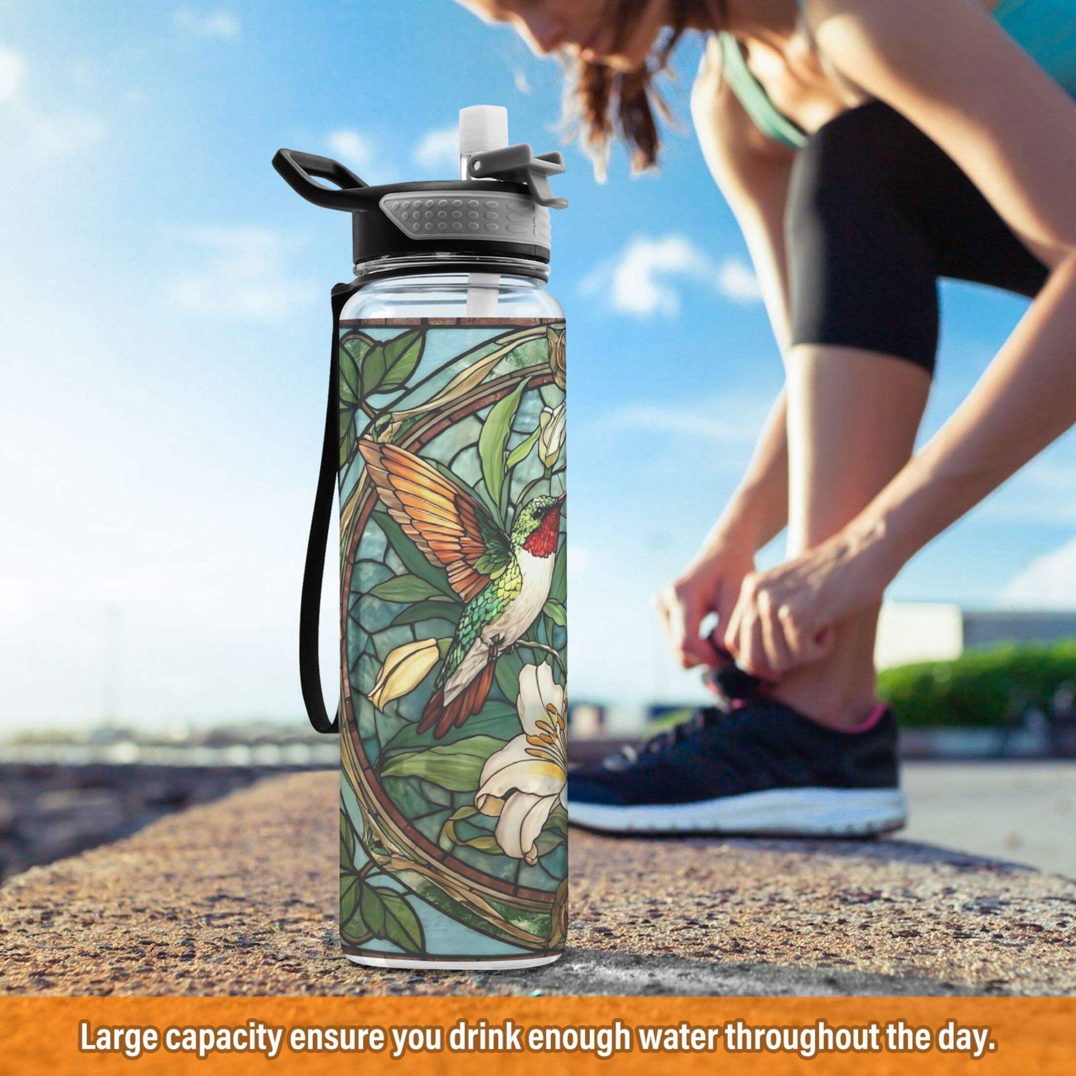 Qxltty Vintage Glass Bird Water Bottle 32 oz with Straw BPA Free Reusable Fitness Sport Bottle Perfect for Travel School Outdoors and Gym