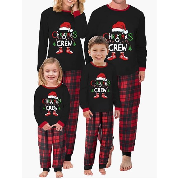 Christmas Family Pajamas Matching Set,Xmas Long Sleeve Letters Print T-shirt with Plaid Pants Sleepwear Loungewear