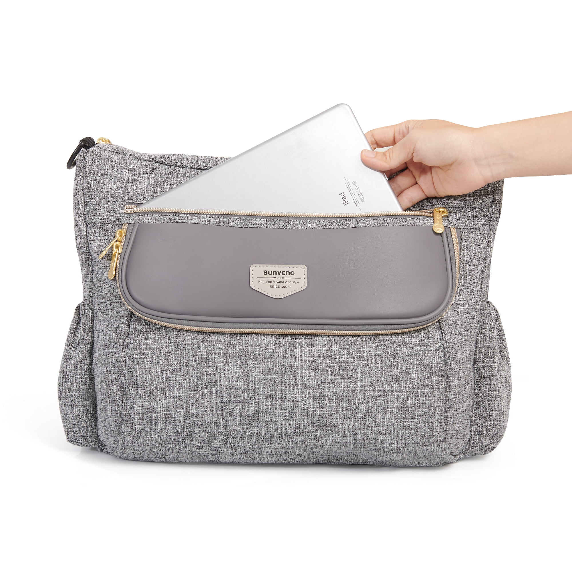 Sunveno Tweed Luxe Stroller Organizer Crossbody Bag Diaper Bag Travel Bag, Gray