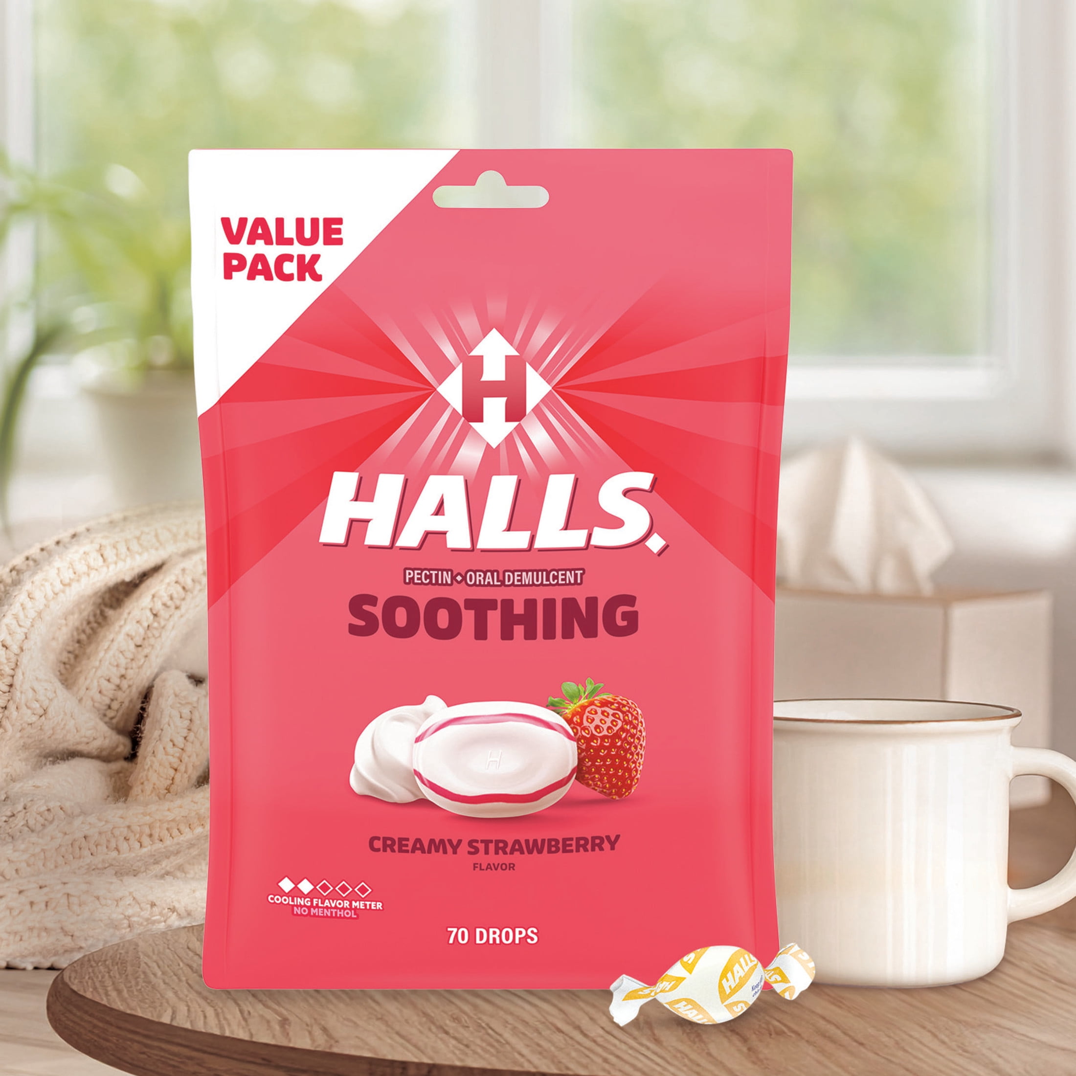 (6 pack) HALLS Throat Soothing Creamy Strawberry Throat Drops, Economy Pack, 70 Drops